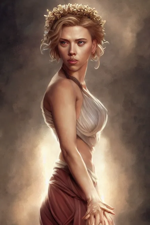 Prompt: Scarlett Johansson a a Greek Goddess , anatomy, only two hands, highly detailed, digital painting, artstation, concept art, smooth, sharp focus, illustration, Unreal Engine 5, 8K, art by art by artgerm and greg rutkowski and edgar maxence