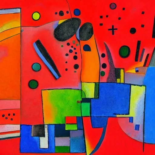 Image similar to A red dog sitting in the middle with red spots. in the art style of Kandinsky. Dramatic lighting, minimal painting, high resolution. Positive vibes