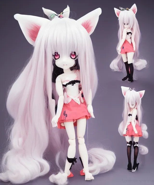 Image similar to full body cute adorable young anime kitsune with white curly hair, style of neytrix, lifesize doll, creepy