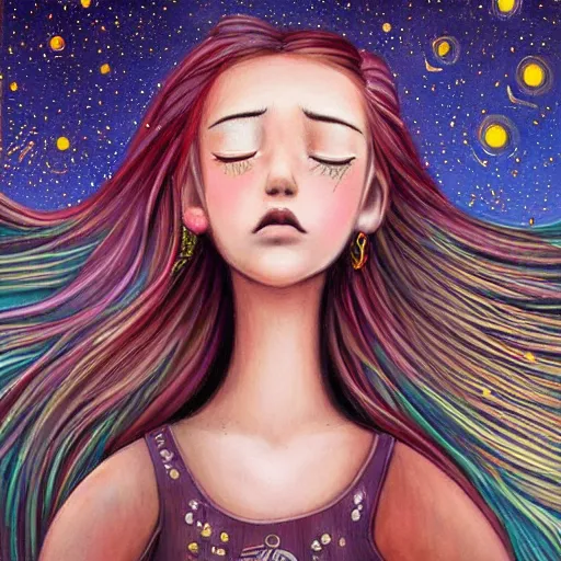 Image similar to Street art. A beautiful illustration of a young girl with long flowing hair, looking up at the stars. She appears to be dreaming or lost in thought. by Tim Shumate, by Carsten Meyerdierks elaborate, precise