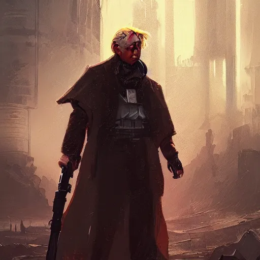 Image similar to Donald Trump as a jedi hero, capitol hill, post-apocalyptic, cinematic, atmospheric, highly detailed, artstation, wlop, stålenhag, Emanuel Leutze, Carl Wahlbom