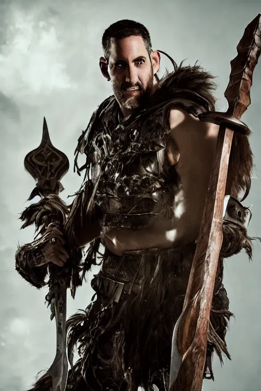 Prompt: Travis Willingham is a Goliath Barbarian, wielding a battleaxe, realistic cinematic shot, , subtle fog and mood lighting