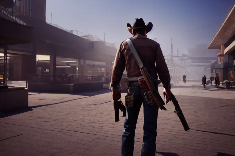 Prompt: photo from behind of a cowboy, carrying a gun, on a futuristic shopping mall, cinematic lightning, ray tracing, unreal engine 5, photorealistic, 8 k, uhd, 4 k, red dead redemption 3 game concept, extremely detailed, beautiful, elegant, intricate, foggy, in - game footage