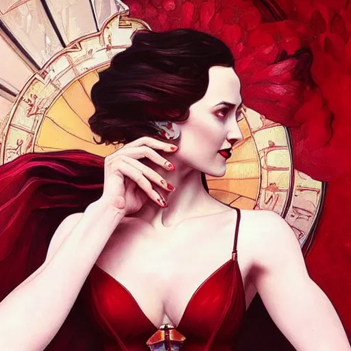 Prompt: “ daria strokous as a movie femme fatale, smiling, with blood red lips, intricate, elegant, highly detailed, digital painting, artstation, concept art, smooth, sharp focus uhd 8 k, art by artgerm and greg rutkowski and alphonse mucha ”