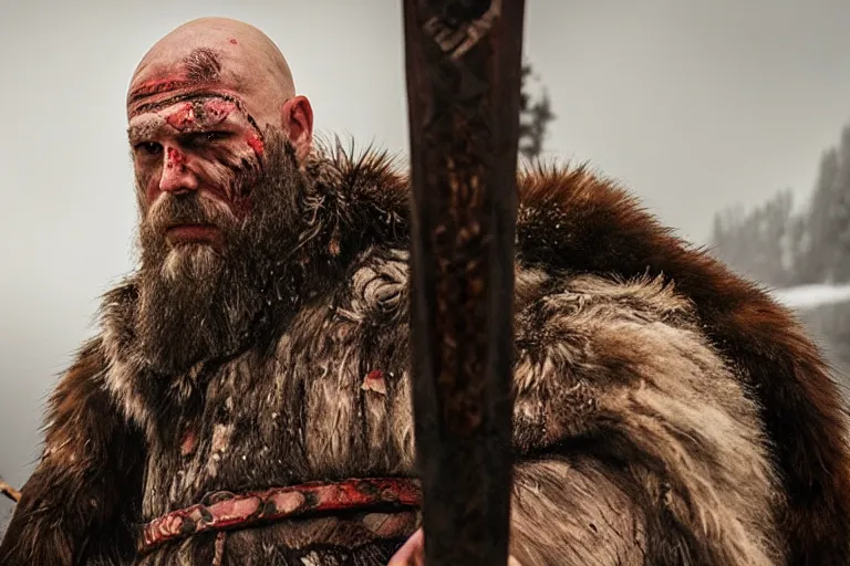 Prompt: vfx movie tough bald man in furs, natural grizzled skin, streaks of red face paint grey beard, dual wielding detailed viking war axes, in snowy tahoe by emmanuel lubezki