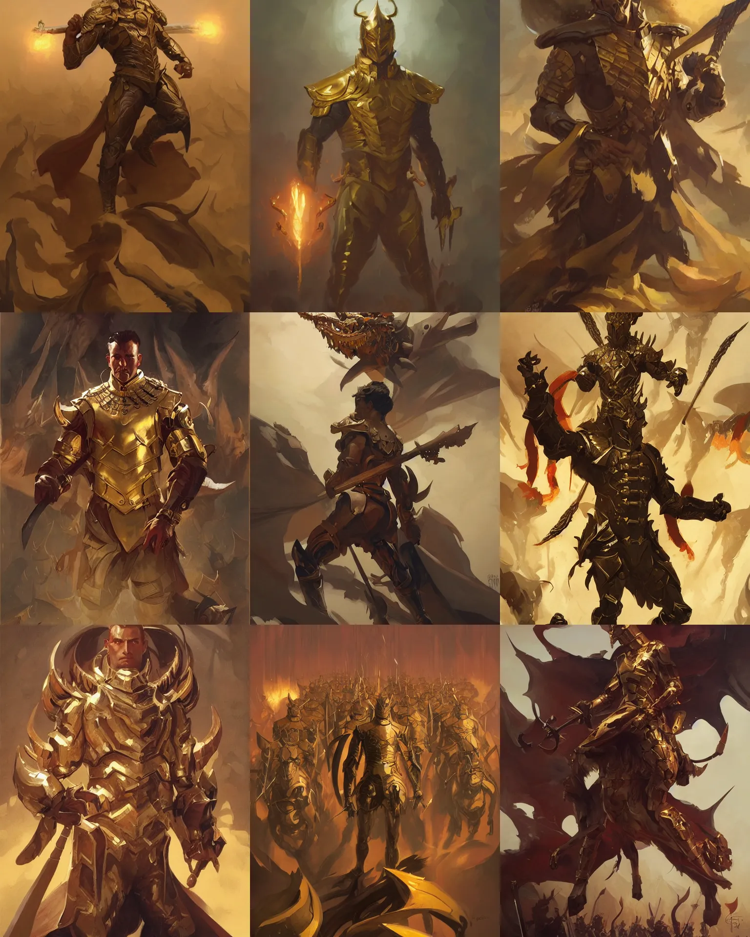 Prompt: dynamic character illustration of the massive draconian golden army by Greg Rutkowski and Leyendecker