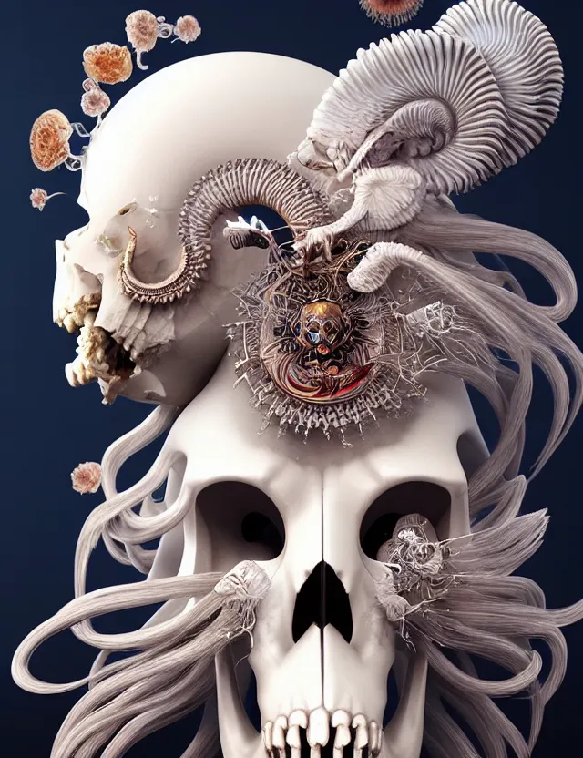 Image similar to 3 d goddess ram skull half - turn portrait with long hair with ram skull. beautiful intricately detailed japanese crow kitsune mask and clasical japanese kimono. betta fish, jellyfish phoenix, bio luminescent, plasma, ice, water, wind, creature, artwork by tooth wu and wlop and beeple and greg rutkowski