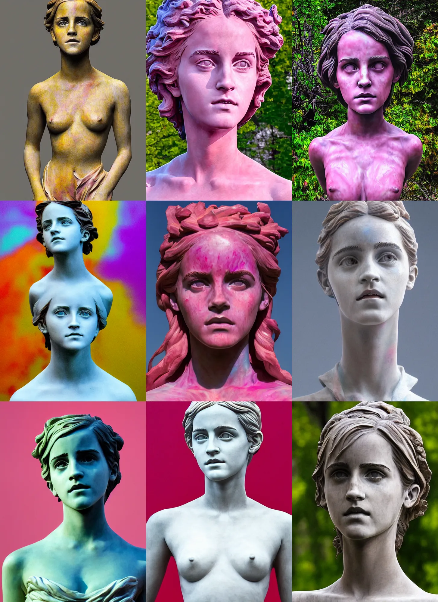 Prompt: sculpture statue of Emma Watson by Jean-Baptiste Carpeaux and Luo Li Rong and Michael James Talbot, all body, very emotional screaming expressions, perfect symmetrical face, colorful, psychedelic psychedelic psychedelic psychedelic acid colors, retrowave ((synthwave)), in full growth, elegant, realistic, 8K, female full-skin figure, hyperrealism, subsurface scattering, raytracing, rim light, Octane Render, Redshift, Zbrush