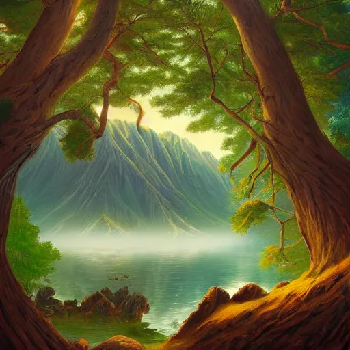 Prompt: a beautiful painting about a circle of forest in the fjords, by john philip falter and noah bradley, trending on artstation godly synthwave universal mountain range blob loon batter avocado, by Leonardo da