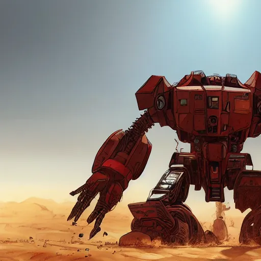 Prompt: comic book style battlemech, post-apocalyptic, high-tech, hulking, wide shot, desert background, highly detailed, artstation, concept art, sharp focus, illustration, art by yoshiyuki tomino and magali villeneuve, red brown and white color scheme