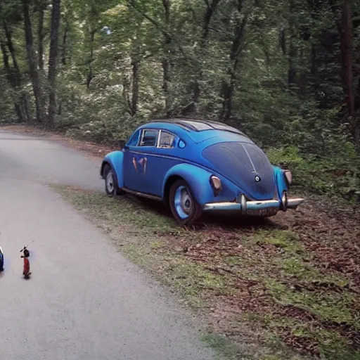 Image similar to promotional scifi - mystery movie scene of a ( volkswagen beatle ) and ladybug hybrid that's more ladybug. racing down a dusty back - road in smokey mountains tennessee. cinematic, 4 k, imax, 7 0 mm, teal autochrome, hdr