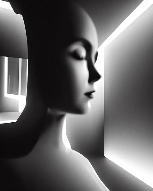 Prompt: black and white high quality photo of a beautiful female AI vegetal-cyborg looking into a sci-fi mirror, volumetric lighting, liminal space, brutalism, foggy, dreamy, hyperdetailed, bokeh, photorealistic, cinematic, masterpiece, Metropolis, Fritz Lang, elegant, dark, by Man Ray in the style of Horst P. Horst, octane render, 8K,