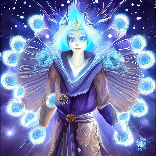 Prompt: character sheet of a starry blue fox peacock druid wearing magic imbued mage robes made from clouds with fairy lights inside the clouds to resemble stars, cloud mage robes, dungeons and dragons, fantasy art, in the style of the legend of vox machina on amazon prime