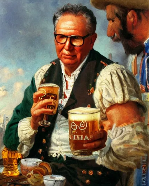 Image similar to a painting of erich honecker holding a mug of beer at the oktoberfest, a detailed painting by konstantin makovsky and by jan matejko and by nikolay makovsky, shutterstock contest winner, german romanticism, detailed painting, oil on canvas, wimmelbilder