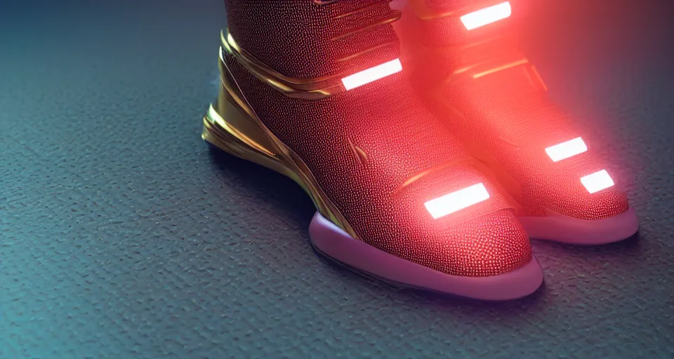 Image similar to realistic 3 d render of a cyberpunk android sneaker, beautiful studio lighting, soft, sharp focus, neon cyberpunk highlights, intricate detail, gold and red accents, soft rubber, octane render, side view, close up, trending on artstation, deviantart, moebius