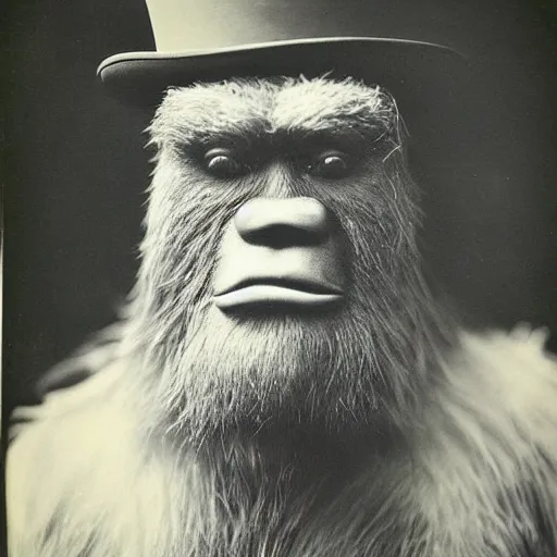 Image similar to a vintage wet plate portrait of a dignified bigfoot with a top hat and cane, extremely detailed, by philippe halsman!!!!!!!!!!!!!!!!!!