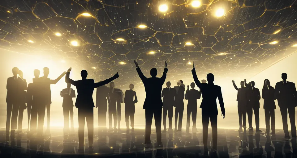 Image similar to Dramatic photo of a CEO waving goodbye in front of a group of silhouettes of his coworkers in a futuristic office. Golden coins are levitating all around them. 8k, high detail, trending on Artstation, volumetric lighting, cyberpunk