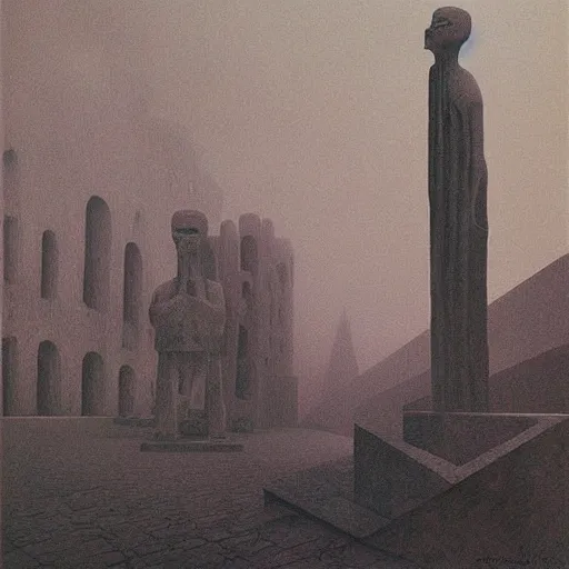 Prompt: a dystopian surreal painting of statues and buildings by zdzisław beksinski