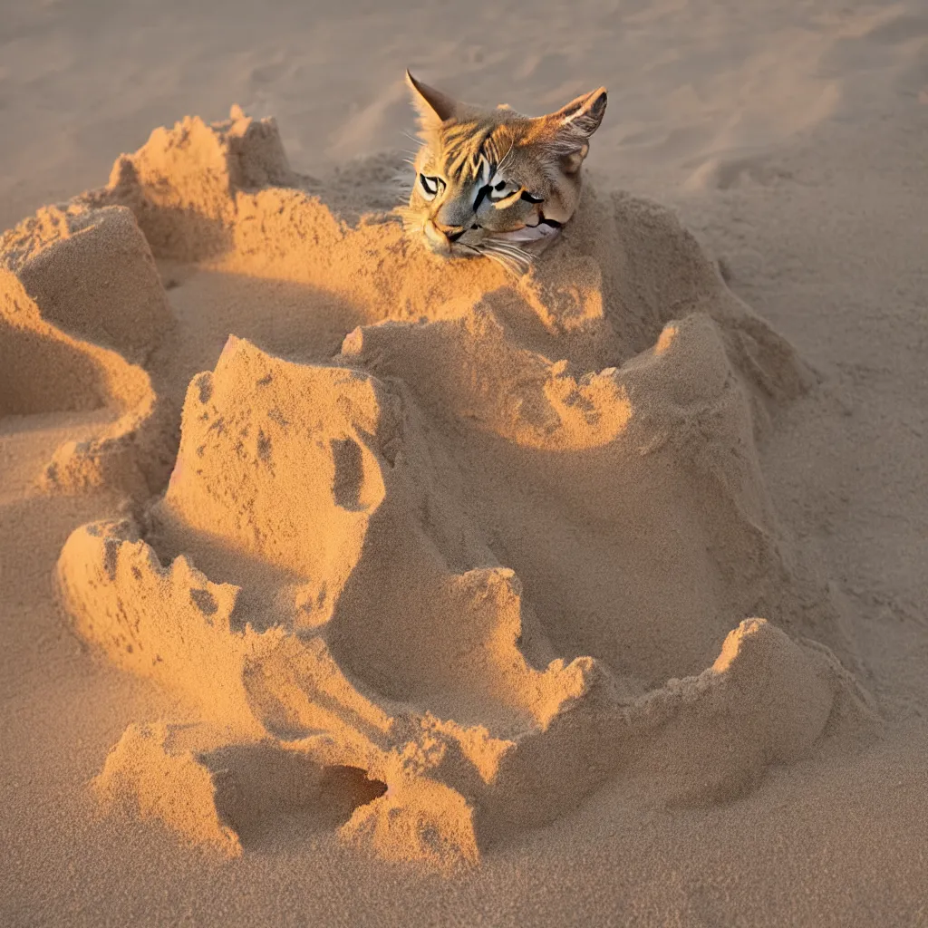 Image similar to Photo of a cat building a sandcastle on a beach, photorealistic, 8K photo, golden hour, award winning