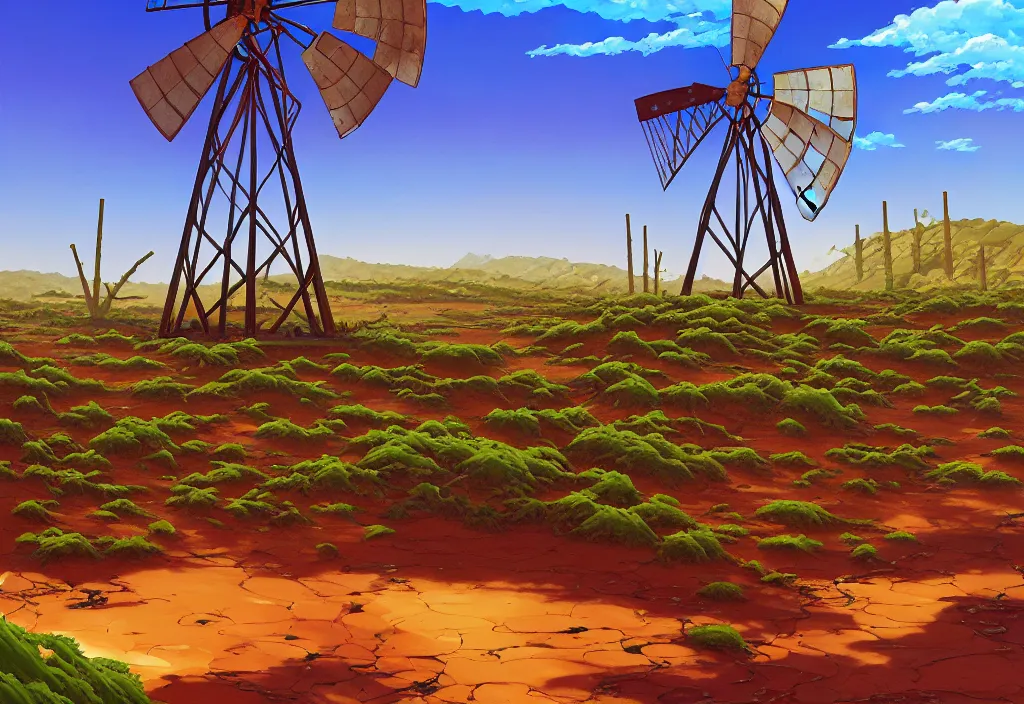 Image similar to rusty windmill in the desert with chubby vines, dead trees and puddles in the foreground, intricate oil painting, high detail illustration, sharp high detail, manga and anime 1 9 9 9, official fanart behance hd artstation by jesper ejsing and makoto shinkai, 4 k,