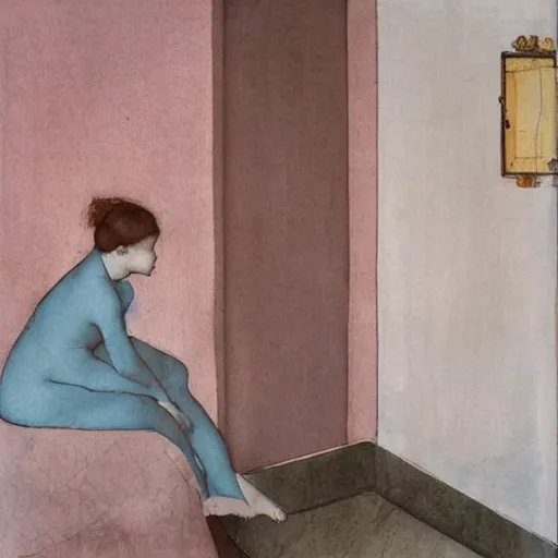 Image similar to a lonely girl in a liminal hotel room, watercolor by pontormo, limited color palette, very intricate, art nouveau, highly detailed, lights by hopper, soft pastel colors, minimalist
