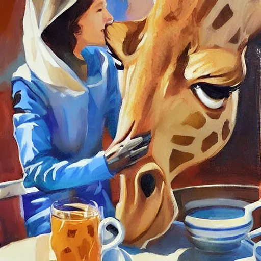 Image similar to a giraffe astronaut drinking tea with queen isabel, trending on artstation, art by greg manchess, guangjian, detailed digital art, artstation hd