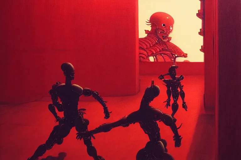 Image similar to only with red, a red cyborg samurai, tokio futuristic in background, some evil yokai fight, in the style of beksinski, parts by edward hopper, parts by rodcenko, parts by yue minjun, intricate and epic composition, red by caravaggio, insanely quality, highly detailed, masterpiece, red light, artstation, 4 k