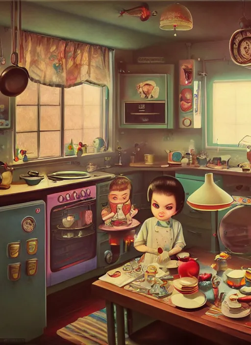 Prompt: highly detailed wide - angle portrait of a retro 1 9 6 0 s kitchen, nicoletta ceccoli, mark ryden, lostfish, earl nore, hyung tae, frank frazetta, global illumination, god rays, detailed and intricate environment