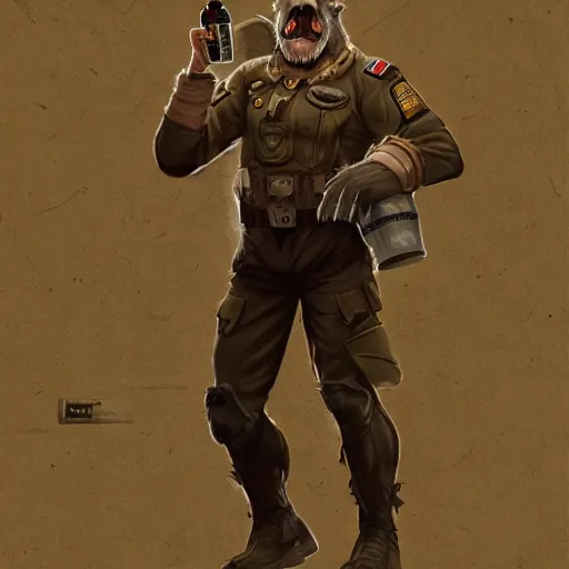 Image similar to a humanoid german shepherd beast - man in military style, holding a bottle of beer, artstation, concept art, smooth, sharp foccus ilustration, artstation