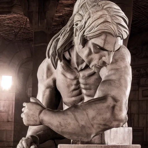 Image similar to statue of geralt from the witcher, posed like rodin's the thinker, museum photo