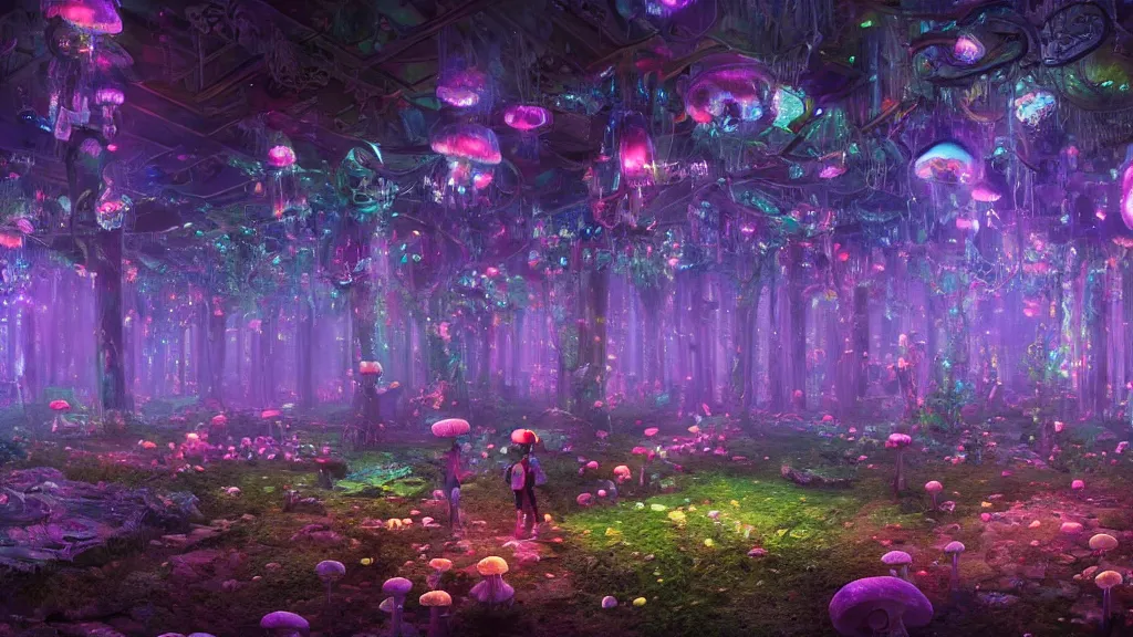 Prompt: 8k, acid trip, hall of mirrors, ultra detailed, a hyperrealistic image of a mycelium forest with neon glowing mushrooms, with magical creatures, by makoto shinkai, trending on patreon, artstation, deviantart. Unreal engine