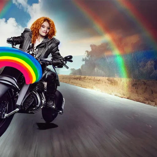 Image similar to wide angle full body, jacket wearing fluffy cute rainbow kitten wearing a black leather motorcycle jacket, riding on a motorcycle, cinematic concept art