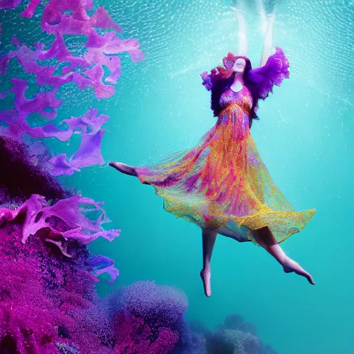 Image similar to woman dancing underwater wearing a flowing dress made of many layers of blue, magenta, and yellow translucent lace, elegant coral sea bottom, swirling silver fish, octane render, caustics lighting from above, cinematic