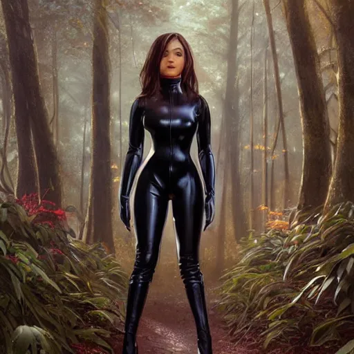 Prompt: full body portrait of a female wearing a skintight leather jacket in a forest, large thighs, perfect face, beautiful! coherent!, intricate, elegant, highly detailed, digital painting, artstation, smooth, sharp focus, illustration, art by artgerm and greg rutkowski and alphonse mucha, 8 k