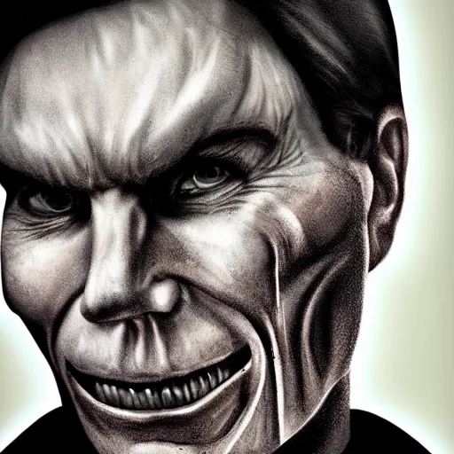 Image similar to Jerma985 with a cheek to cheek smile, sinister looking, evil intent, horror, uncanny, detailed, high resolution, sharpened, close-up, professional photography, police sketch, wanted poster