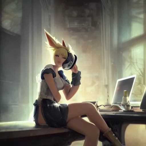 Prompt: a blonde miqo'te sitting in front of a computer wearing headphones, final fantasy xiv, in the style of greg rutkowski, fantasy, amazing detail, epic, elegant, smooth, sharp focus