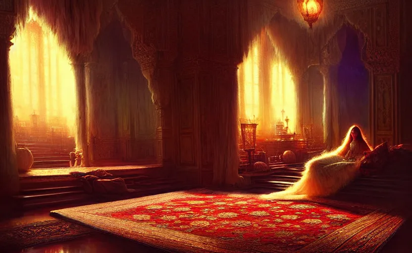 Prompt: magic fluffy Persian carpet dimension, by Greg Rutkowski and Gaston Bussiere, dim lighting, beautiful volumetric-lighting-style atmosphere, surreal atmosphere, intricate, detailed, photorealistic imagery, artstation