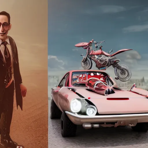 Prompt: pee wee herman as a mad max villain, concept art, octane render, unreal engine 5, highly detailed, high quality, 8 k, soft lighting, realistic face, path traced