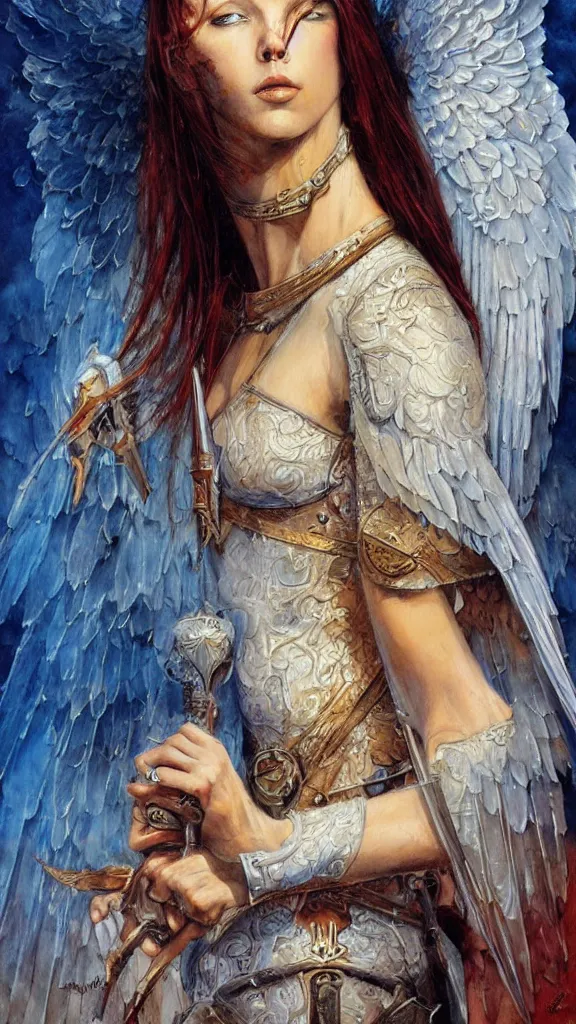 Image similar to a beautiful young medieval warrior, by karol bak, fine art, watercolor, technicolor, angelic