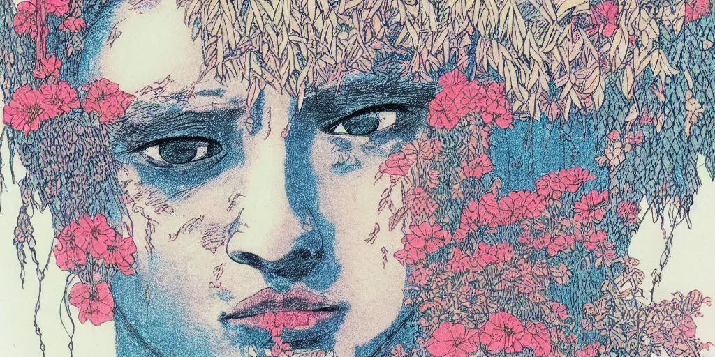 Image similar to risograph grainy drawing protagonist face, pastel colors, with huge piersing, face covered with plants and flowers, by moebius and satisho kon, close - up portrait, perfect blue, paprika