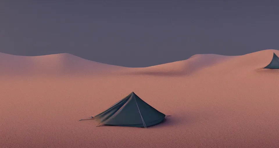 Image similar to hyper realistic matte painting of a small tent in the desert with dunes at midnight, dark color scheme, artstation