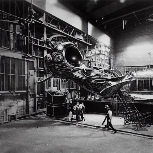 Prompt: scientists discovering an extraterrestrial vehicle in a warehouse, 1 9 2 0's sci - fi, black and white, 8 k, highly ornate intricate details, extreme detail,