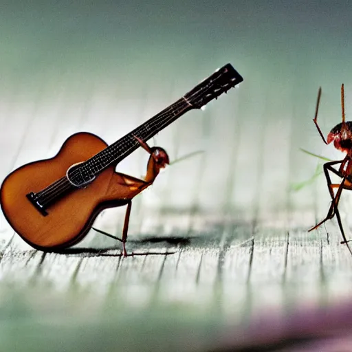 Image similar to realistic photograph of two mosquitos playing two guitars, on a stadium stage, in front of a large audience