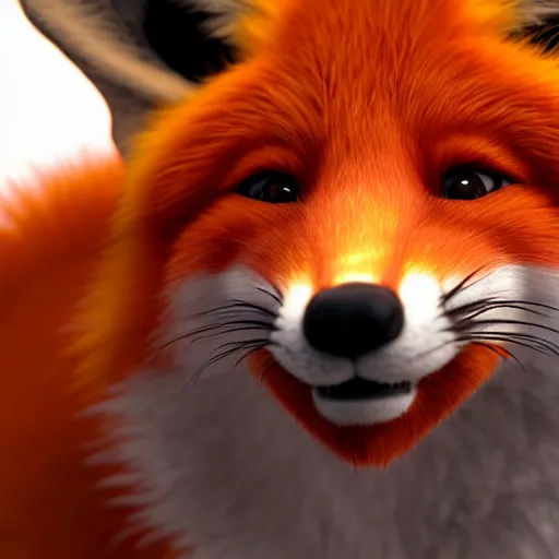 Image similar to portrait of the cutest red fox ever, fluffy, photorealistic, soft lighting, unreal engine