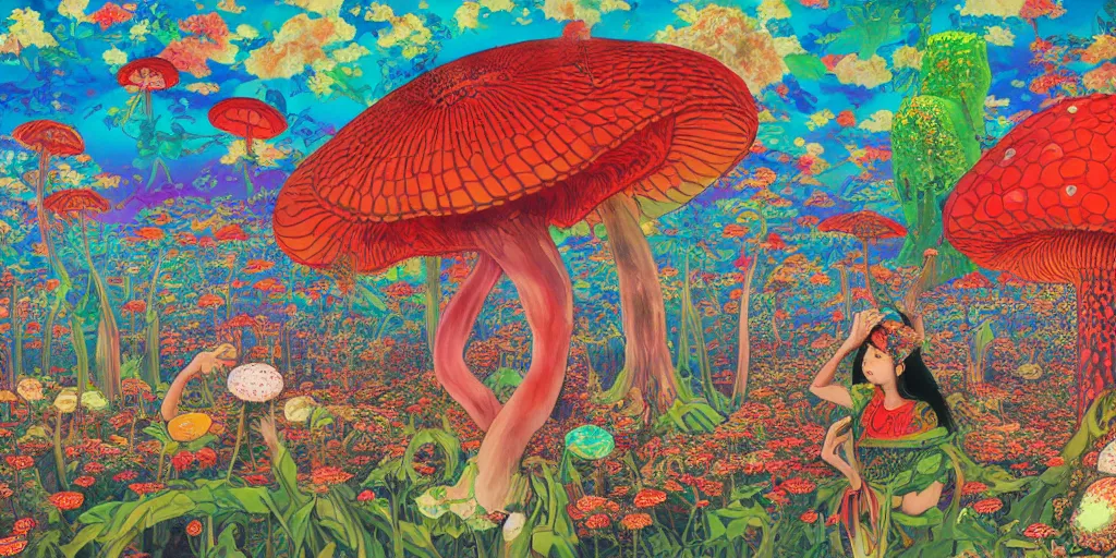 Prompt: a japanese psychedelic love goddess, a sense of awe, offering mushrooms, illustration, slime, amanita - muscaria, elegant, hyper realistic, super detailed, by tadanori yokoo