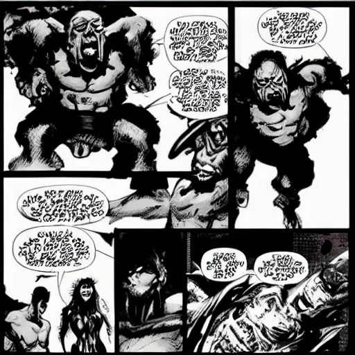 Prompt: “ sam kressin ” strength monsters comic book wrestling wring cockroaches “ frank miller ” “ klaus janson ” black and white