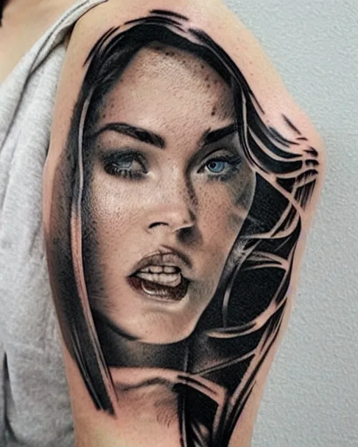 Image similar to double exposure effect tattoo design sketch that combines megan fox with beautiful mountain scenery, realism tattoo, in the style of den yakovlev, amazing detail, sharp