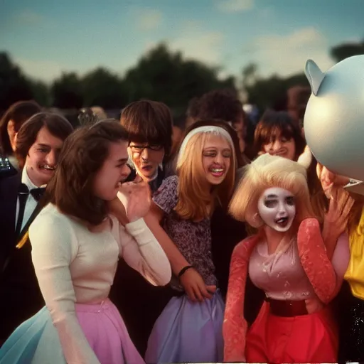 Image similar to a teenage girl with an inflatable head at the prom, the other students are laughing at her on the dancefloor, live-action john waters film, 1978, technicolor