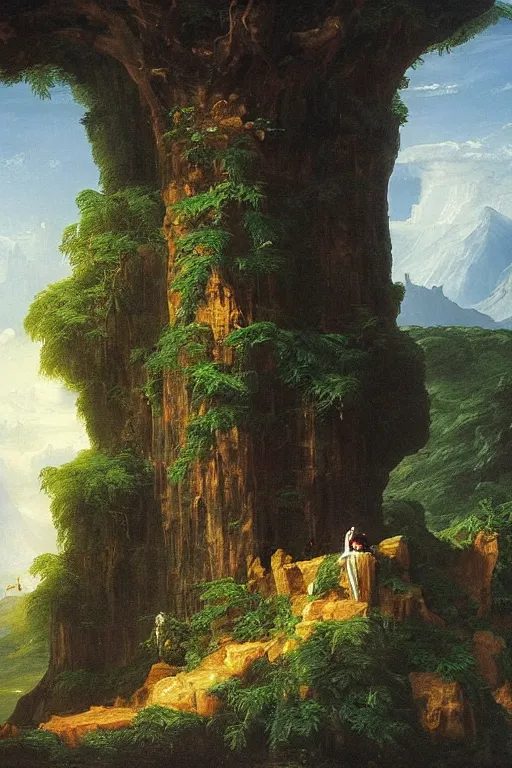 Image similar to a thomas cole naturalist style painting of michael jackson atop mount olympus with enormous columns on either side