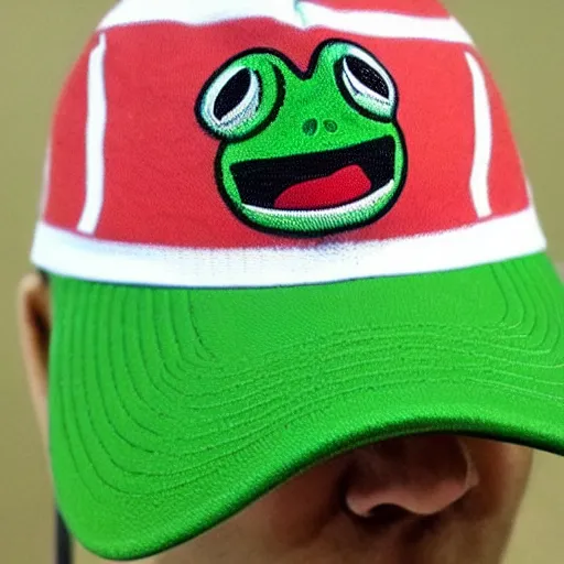 Prompt: green frog pepe, has a maga hat